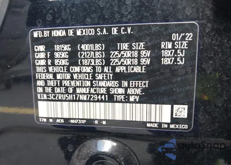 2022 Honda Hr-V 2Wd Sport z USA, uszkodzony, nr VIN 3CZRU5H17NM729441